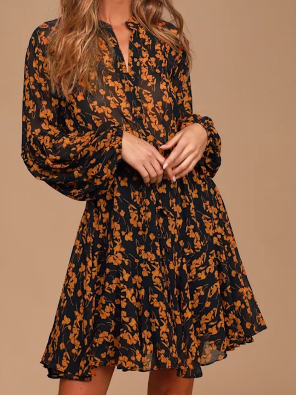Lulu's Black Mini Dress with Mustard Floral Print
